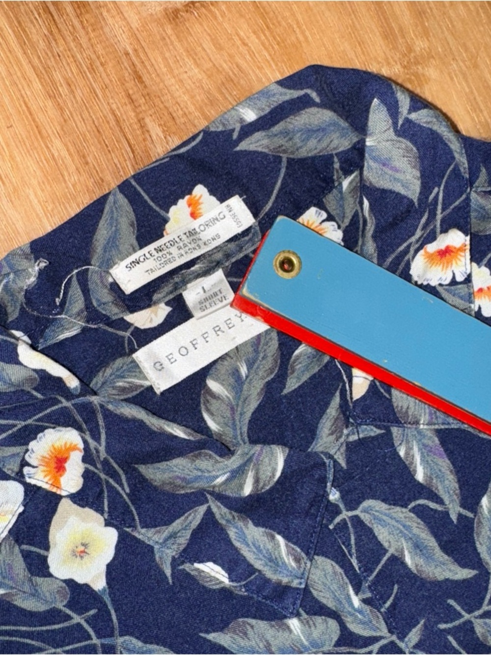 Geoffrey Beene Men Silk Rayon Button Down Shirt Blue Leaf Print Large Preppy L